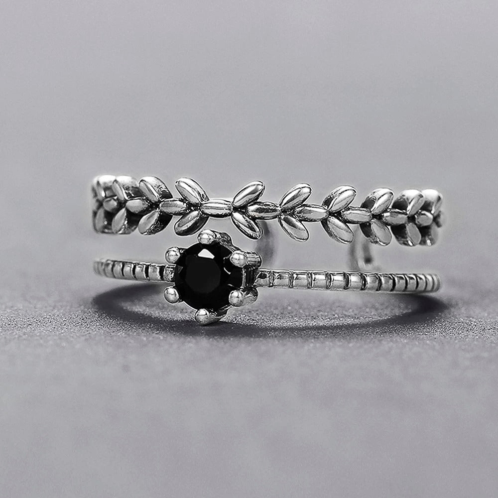 Antique Silver Color Vintage Adjustable Rings for Women Branch Black Stone Double Layer Opening Rings Fancy Girls Jewelry