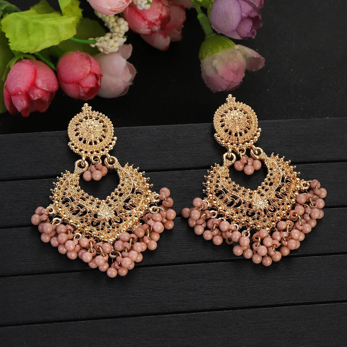 Gold Heart Flower Dangle Earrings with Pink Beads Women