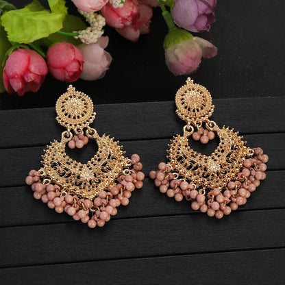 Gold Heart Flower Dangle Earrings with Pink Beads Women