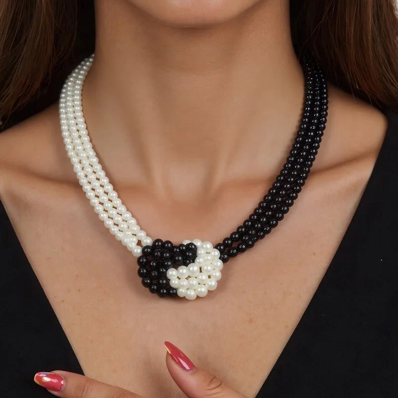 Women's Chic Layered Elegant Black & White Beaded Pearl Necklace Black and White Knotted Design Statement Jewelry