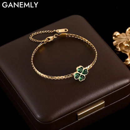 316L Stainless Steel Green Crystal Clover Bracelet for Women