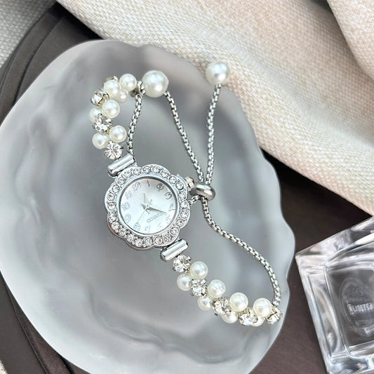 Elegant Double Row Pearl Bracelet Women’s Quartz Watch with Diamond Studded Case