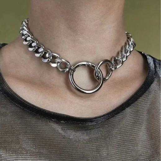 1 Pc Trendy Round Geometric Hollow Punk Personality Silver Color Heavy Chain Necklace Women Men Party Daily Gift Jewelry