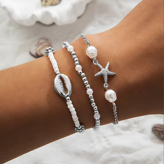 3 Pcs Summer Shell Bracelet Set For Women Gold Silver Color Starfish Charm Pearl Chain Bangle Beach Vacation Jewelry