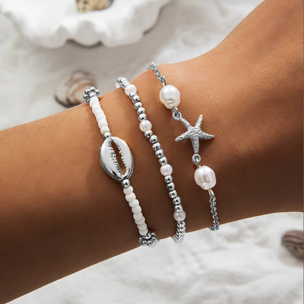 3 Pcs Summer Shell Bracelet Set For Women Gold Silver Color Starfish Charm Pearl Chain Bangle Beach Vacation Jewelry