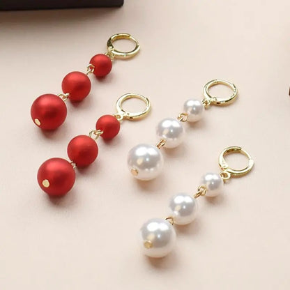 Elegant Red & White Pearl Drop Earrings Imitation Beads Women