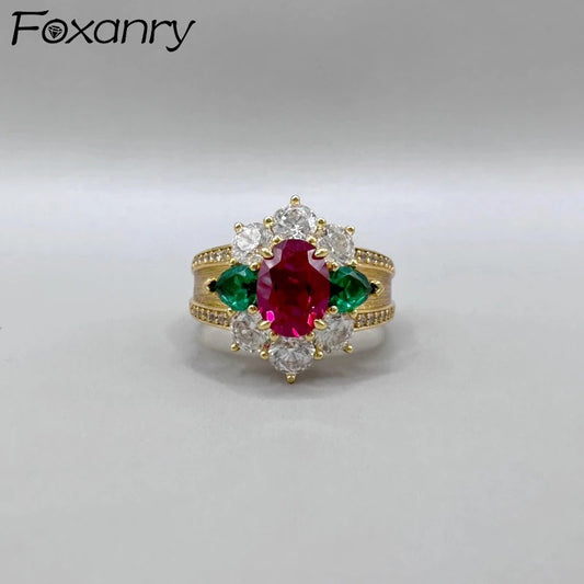 Foxanry Gold Color Multicolor Zircon Rings For Women French Vintage Trendy Heavy Industry Exquisite Elegant Engagement Jewelry