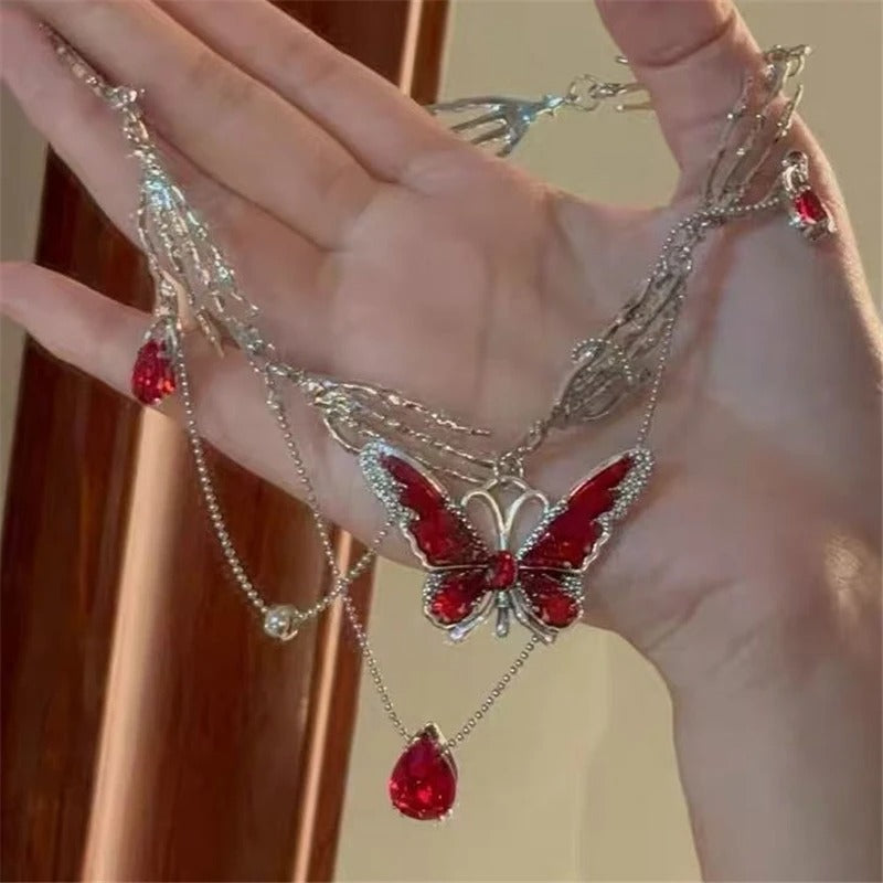 Red Butterfly Crystal Pendant Sliver Ghost Claw Short Choker Chain Necklace For Women Punk Y2K Charms Jewelry Accessories