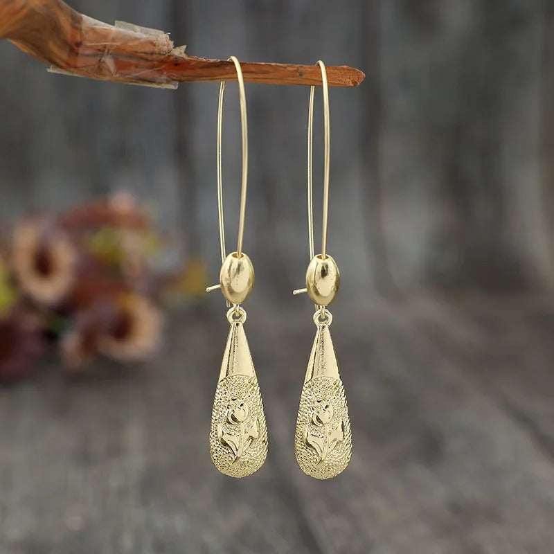 Charm Gold Color Geometry Round Flower Carving Dangle Earrings for Women Jewelry