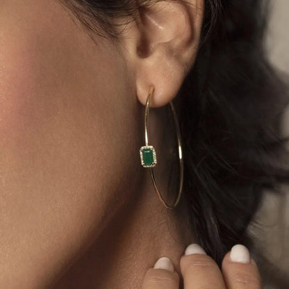 Big Gold Hoop Earrings with Green Rectangle for Women