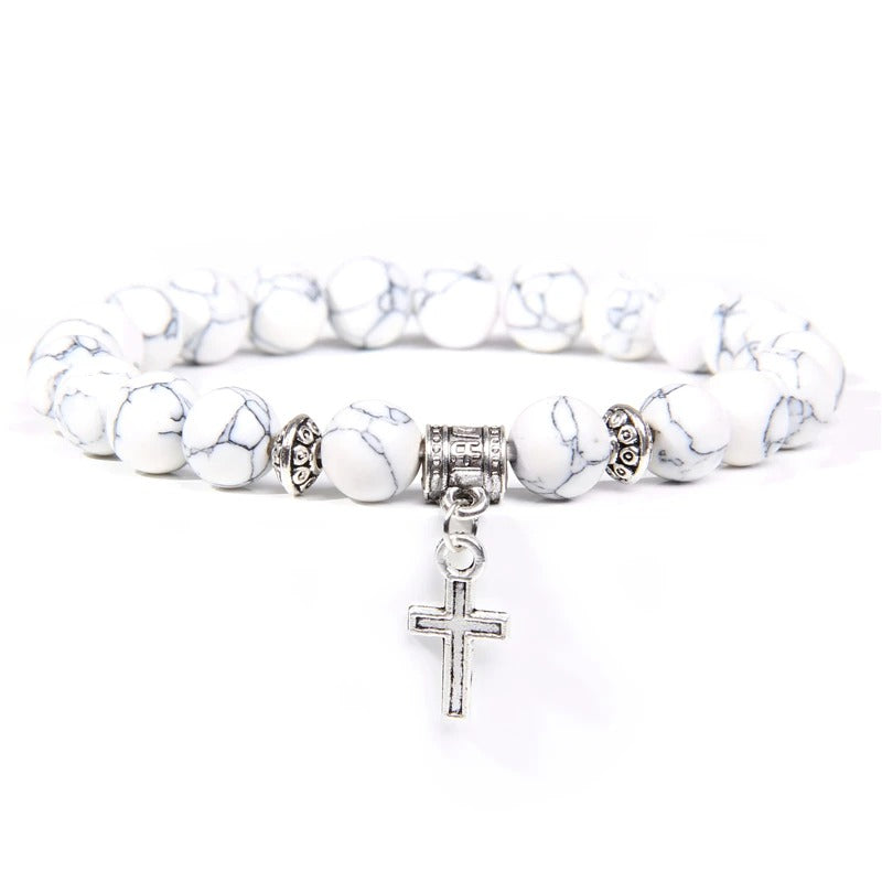 Men’s Trendy Silver Bead Bracelet with Cross Pendant & Natural Stone