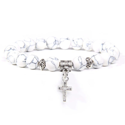 Men’s Trendy Silver Bead Bracelet with Cross Pendant & Natural Stone