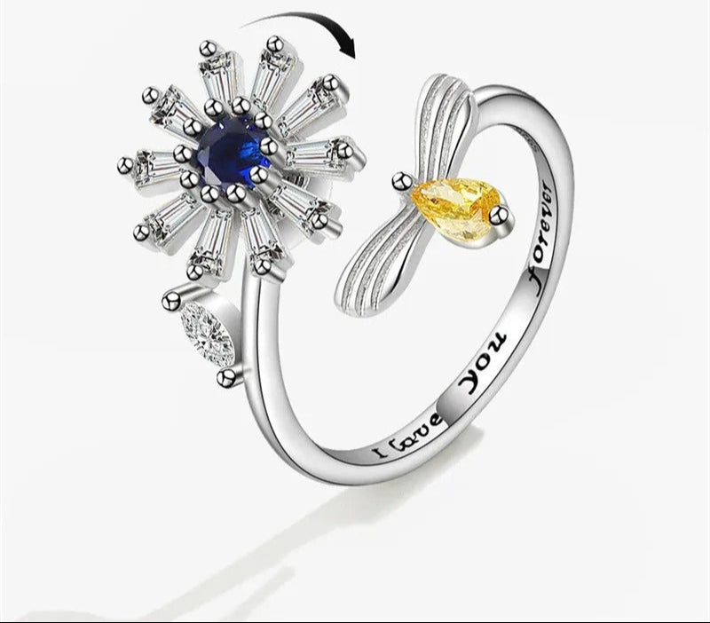 Sunflower Anxiety Spinner Ring for Women Butterfly Charm Fidget Ring