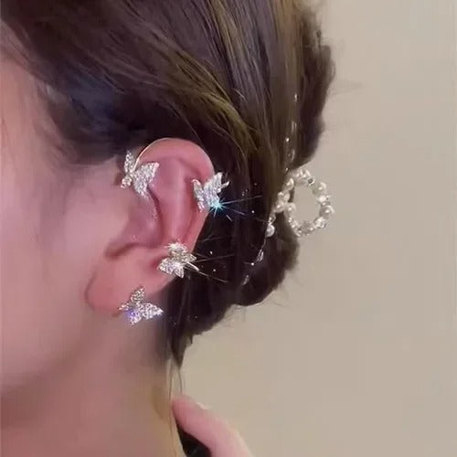 1PC Silver Color Crystal Tassel Cuff Ear Clip Earring for Women Shiny Rhinestone Chain Piercing Jewelry Fashion