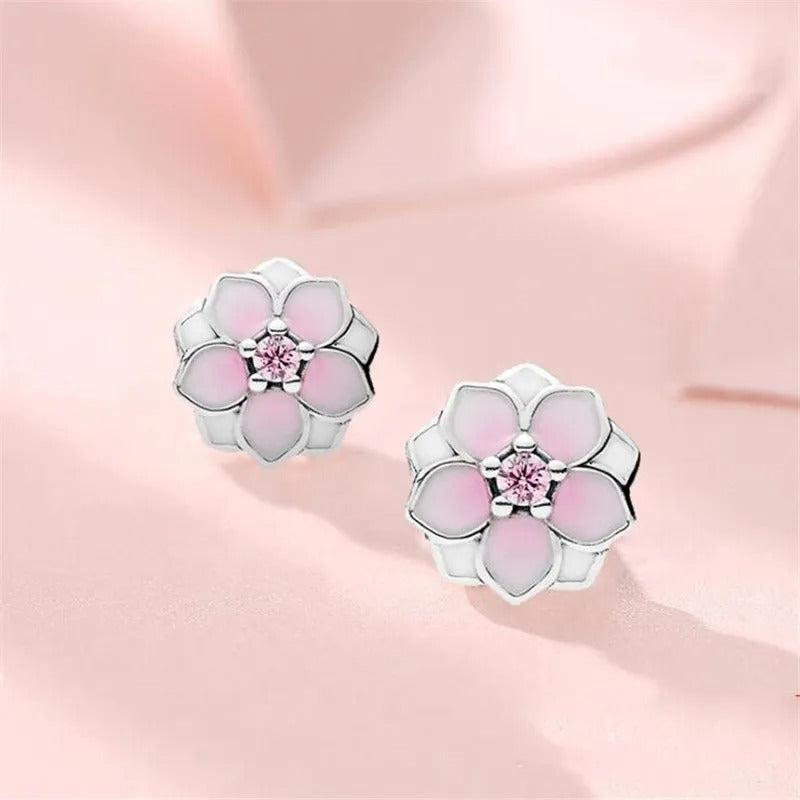 New Beautiful Magnolia Flower 925 Sterling Silver Jewelry Fashion Lover Birthday Gift Pink Crystal Popular Stud Earrings