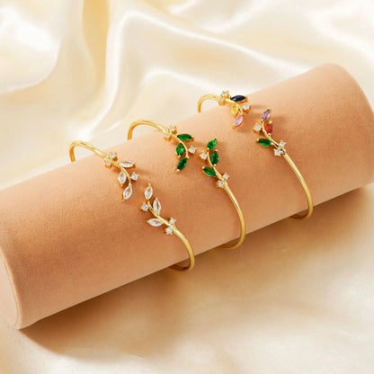 Leaf Zircon Open Bracelet Gold Color Stainless Steel Cuff Bracelet Tiny Hand Jewelry