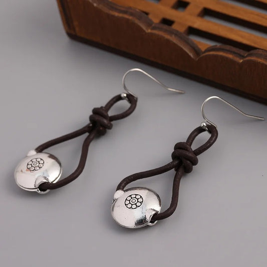 Vintage Silver Round Carving Dangle Earrings Leather Wrapped Jewelry