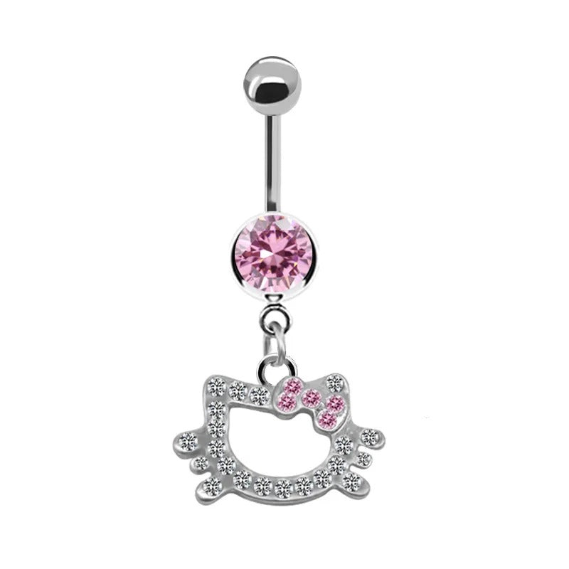 Trendy Pink Butterfly & Cute Cat Navel Ring – Stainless Steel Belly Button Piercing for Women