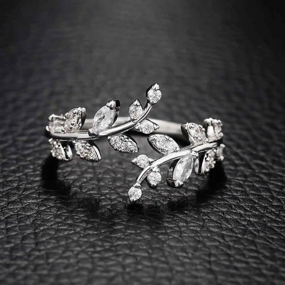 Adjustable Leaf Ring with Cubic Zirconia Huitan Jewelry