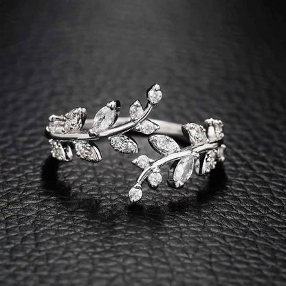 Adjustable Leaf Ring with Cubic Zirconia Huitan Jewelry