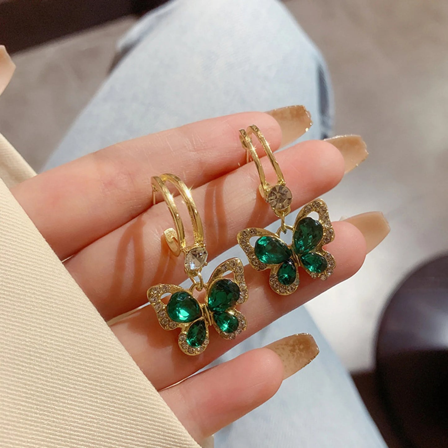 Green CZ Butterfly Drop Earrings Women Party Fashion Jewelry