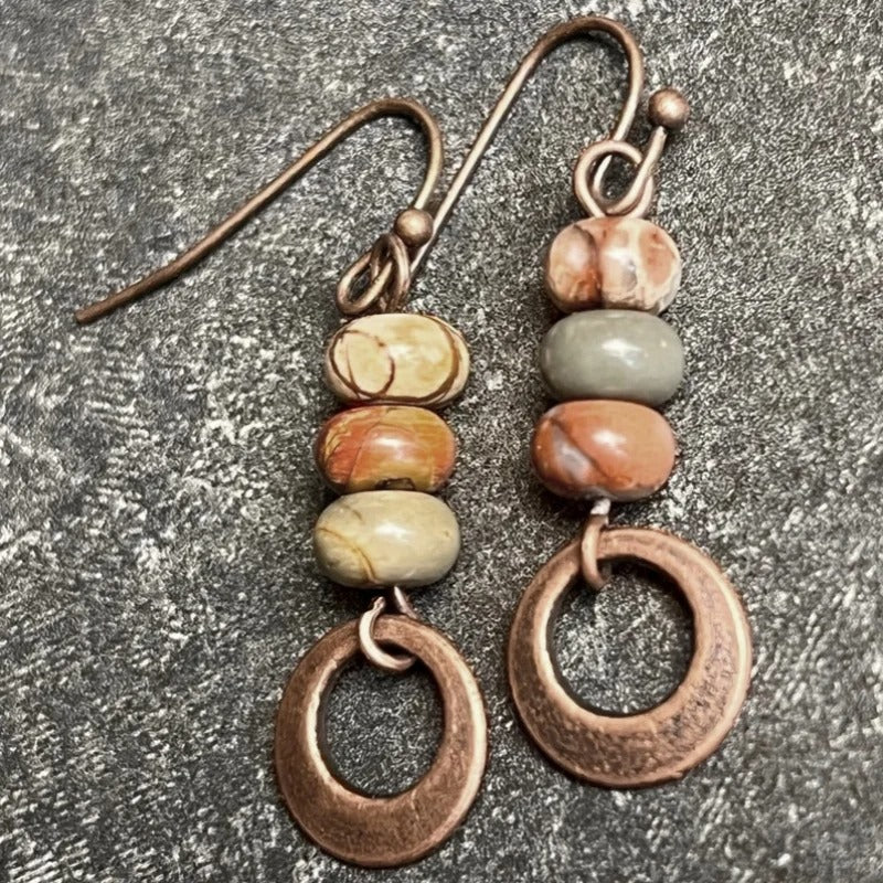 2 Pieces Vintage Bohemian Copper Natural Stone Antique Red Female Dangle Earrings