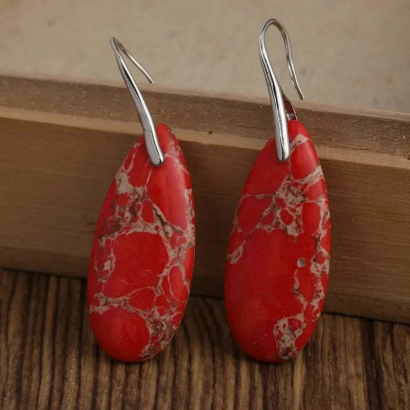 Delicate Silver Oval Jasper Dangle Earrings Women Jewelry