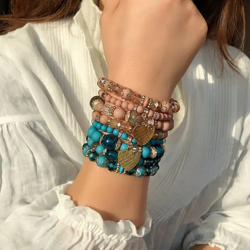 Women’s 4PCS Crystal Beads Bracelets Heart Letter Elastic Bangles Gift