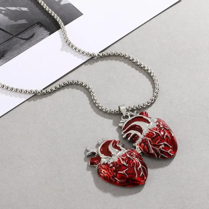 Gothic Rose Red Love Necklace Women's Y2K Grunge Jewelry Dainty Silver Color Tone bloody Human Heart Pendant Personalized Gifts