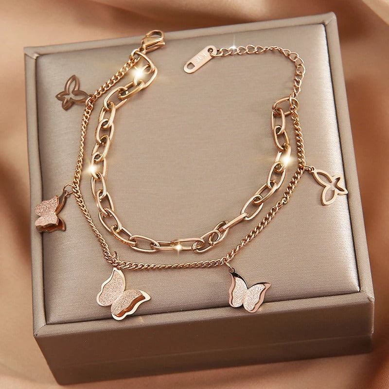 DIEYURO 2-Layer Butterfly Bracelet – Women’s 316L Stainless Stee Jewelry