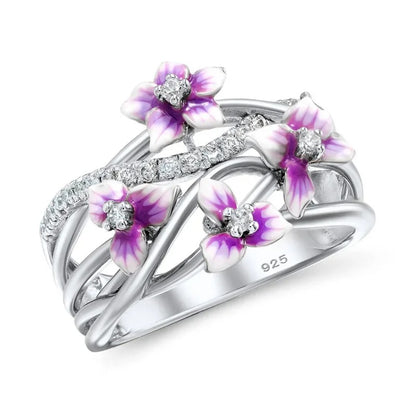 925 Sterling Silver Violet Daisies Flower Zircon Ring for Women