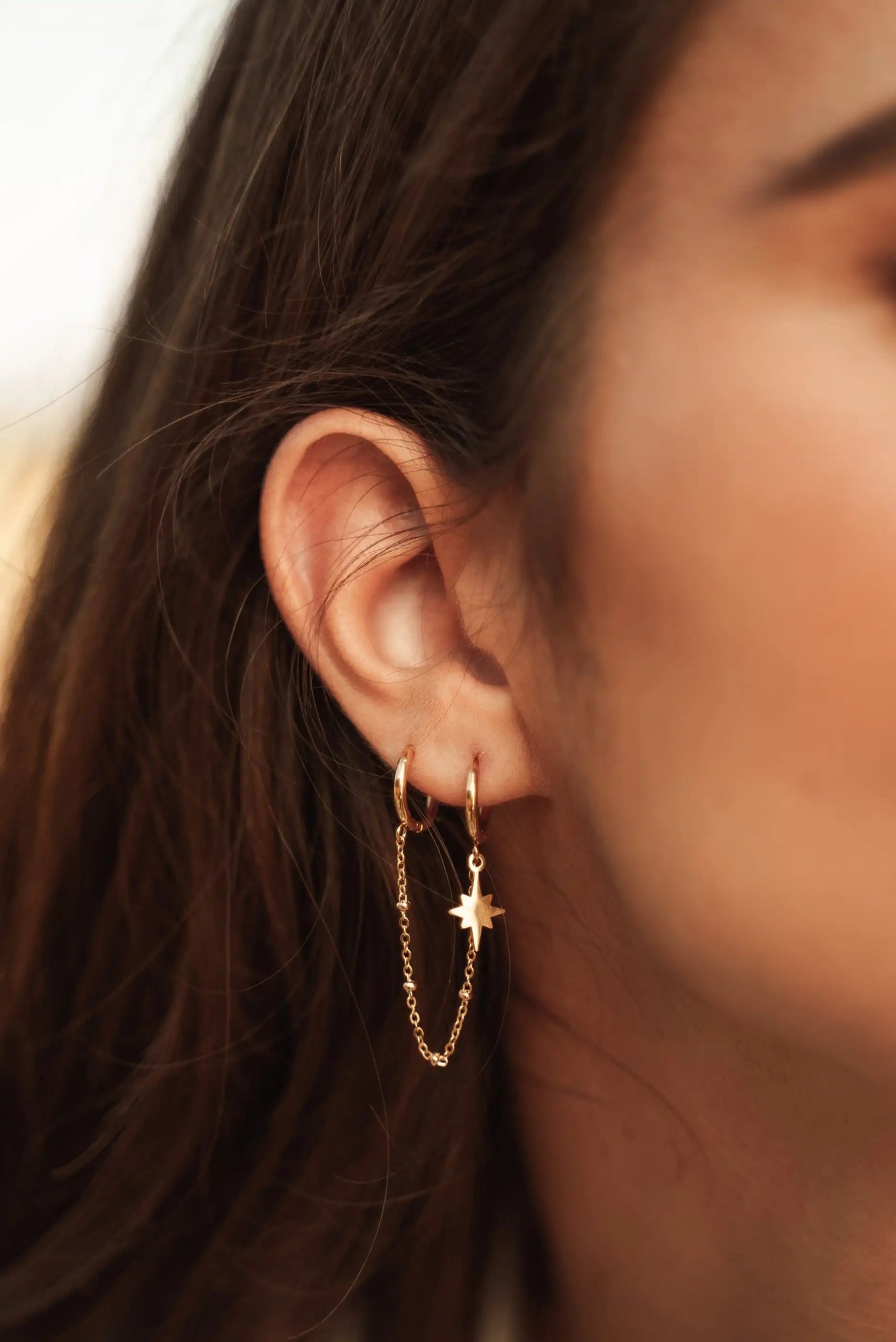 Peri'sbox New Elegant Double Hole Tassel Chain Hoop Earrings Female Stainless Steel Waterproof Starburst Huggie Piercing Earing