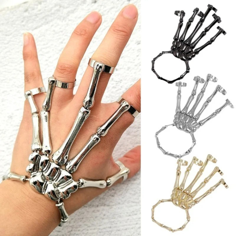 Gothic Skull Skeleton Hand Chain Bracelet – Punk Finger Jewelry for Women & Men | Halloween & Party Accessory
