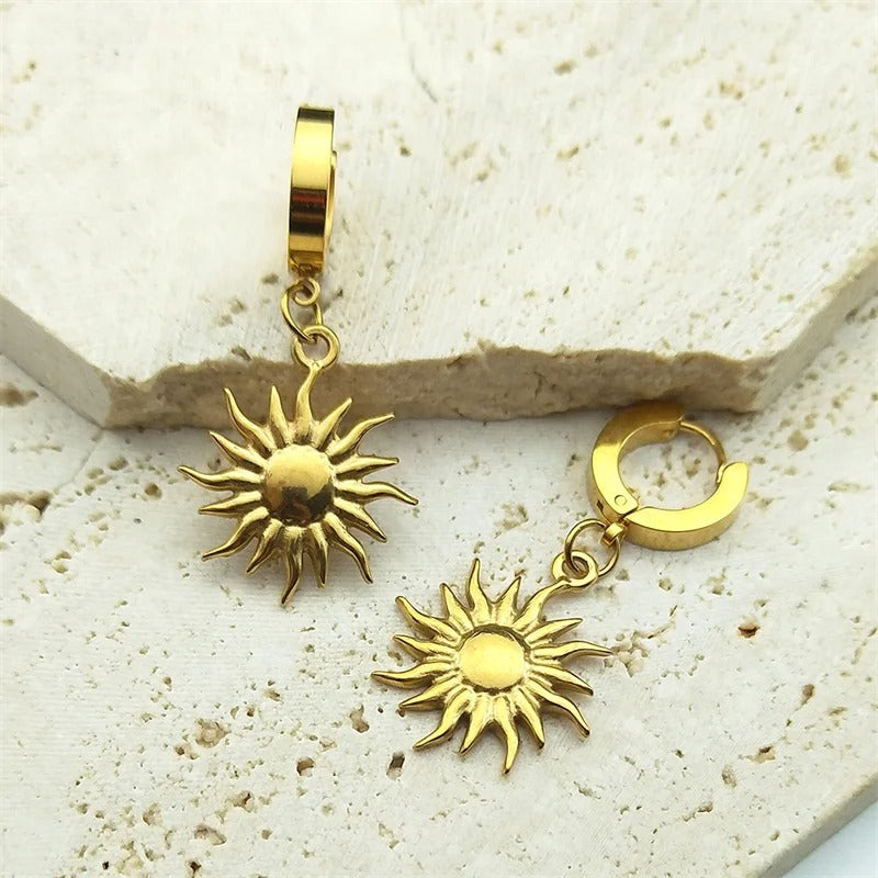 Sun Pendant Hoop Earrings Female Men Stainless Steel Gold Color Geometric Earring Hip Hop Ear Hoops Piercing Jewelry