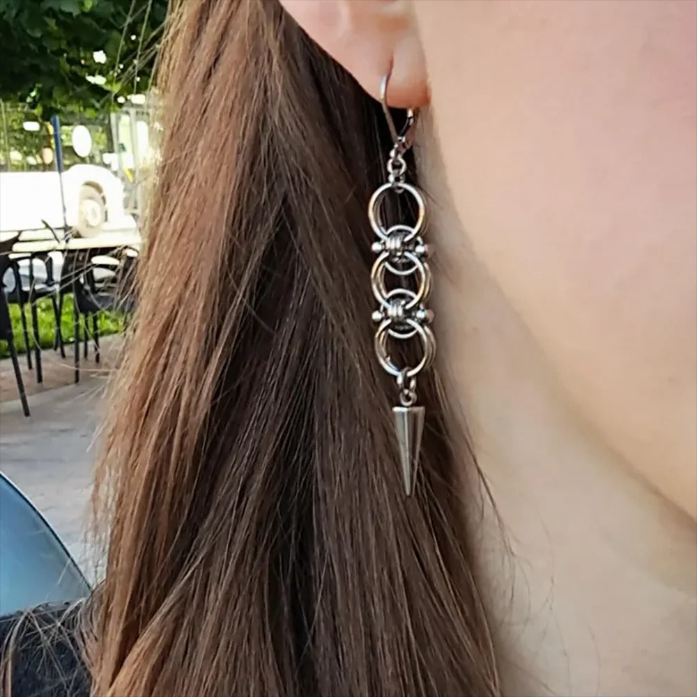 Handmade Stainless Steel Spike Hoop Earrings for Women Grunge Chain Dangle Earrings