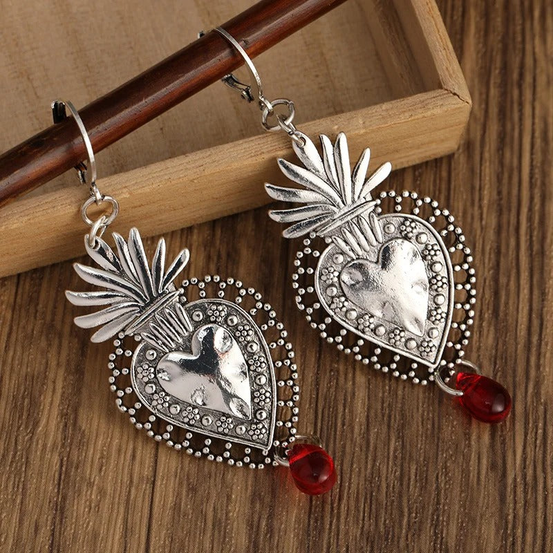 Silvery Heart Drop Earrings with Ruby Romantic Gift for Lovers