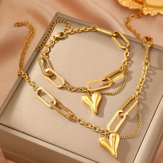 Stainless steel combination of two sets of new light luxury retro heart-shaped irregular chain women's jewelry daily matching