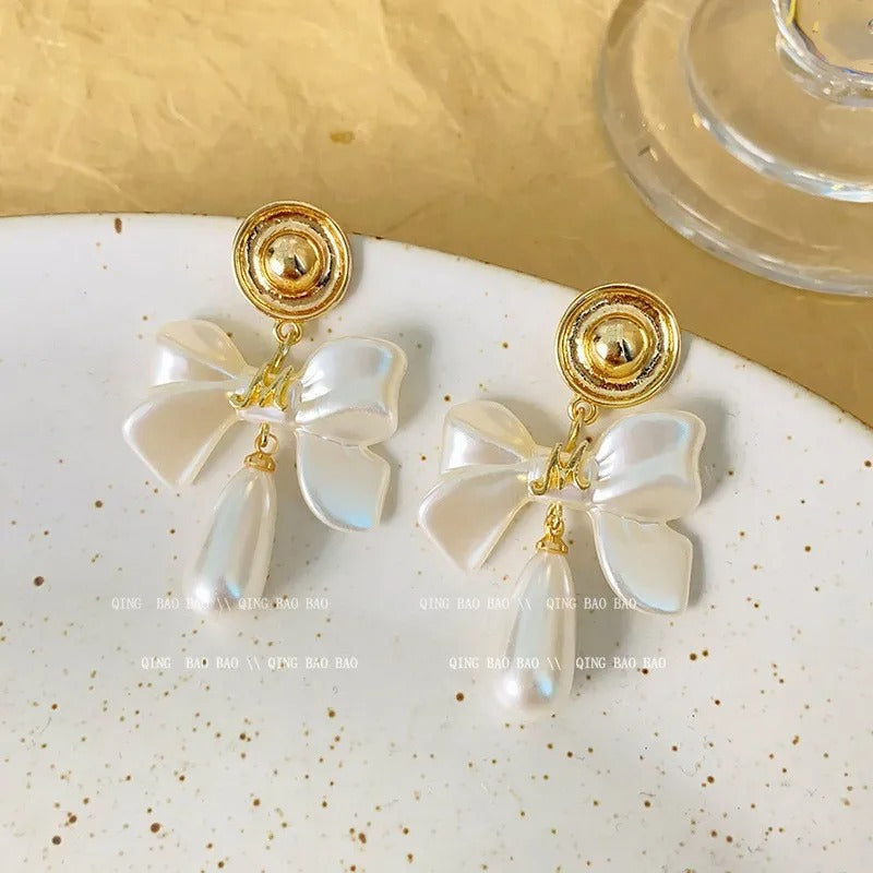 French Style 925 Silver Bow Earrings with Droplet Pearl for Women Jewelry