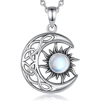 Aesthetic Sun and Moon Design Women's Pendant Necklace with Imitation Opal Stone Boho Style Beach Vocation Jewelry Gift