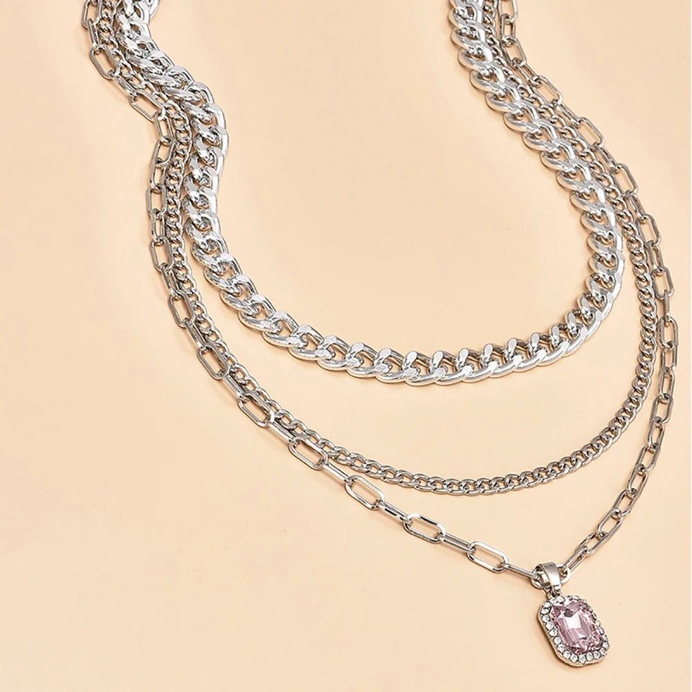 New Silver Color Multi-layer Chain Rectangular Crystal Pendant Necklaces For Women Female Necklace Jewelry Gift