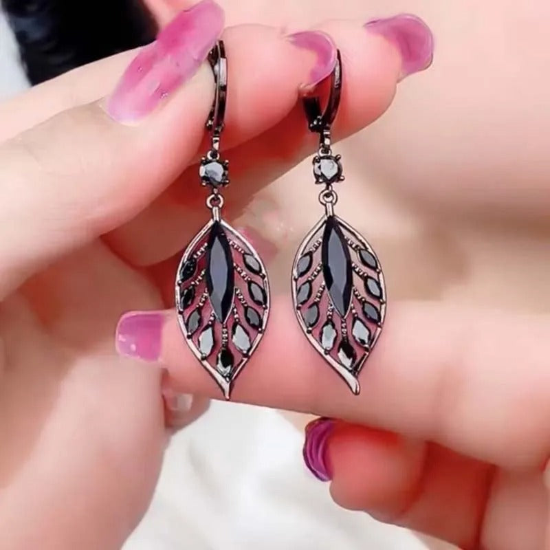 Black Crystal Leaf Tassel Drop Earrings for Women Wedding Jewelry