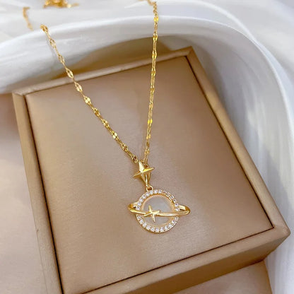 OIMG 316L Stainless Steel Gold Color Opal Planet Star Pendant Necklace For Women Girl Elegant Jewelry Party Gift
