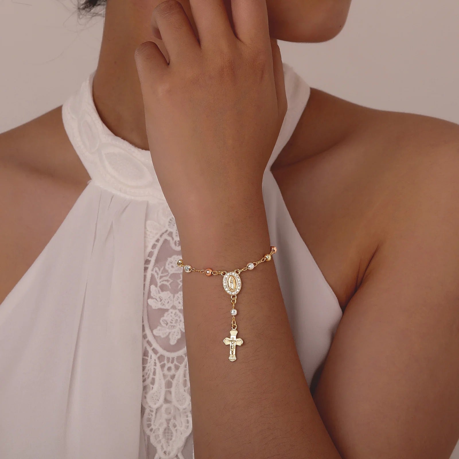 Catholic Cross Rosary Bracelet with Virgin Mary Charm – Baptism & Christening Gift for Women