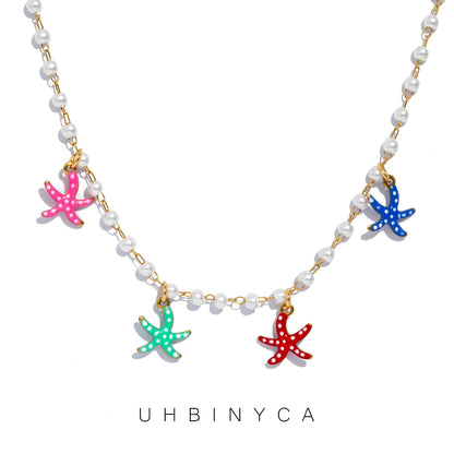 Colorful Starfish Pearl Necklace Women Summer Beach Jewelry