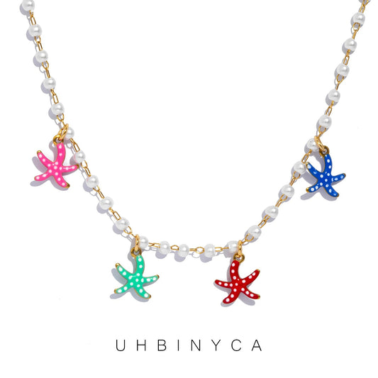 Colorful Starfish Pendant Pearl Necklace for Women, Summer Beach Coastal Boho Hypoallergenic Stainless Steel Jewelry Gift