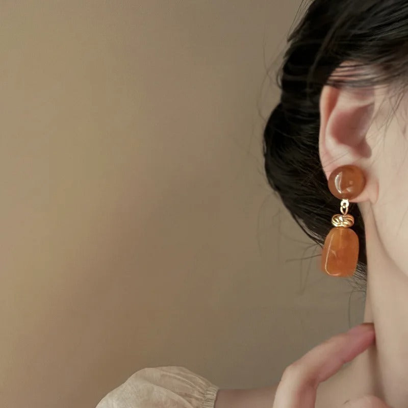 Geometric Water Drop Resin Dangle Earrings for Women  Retro Brown