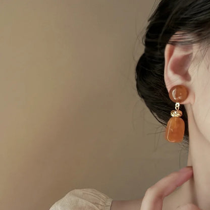 Geometric Water Drop Resin Dangle Earrings for Women  Retro Brown