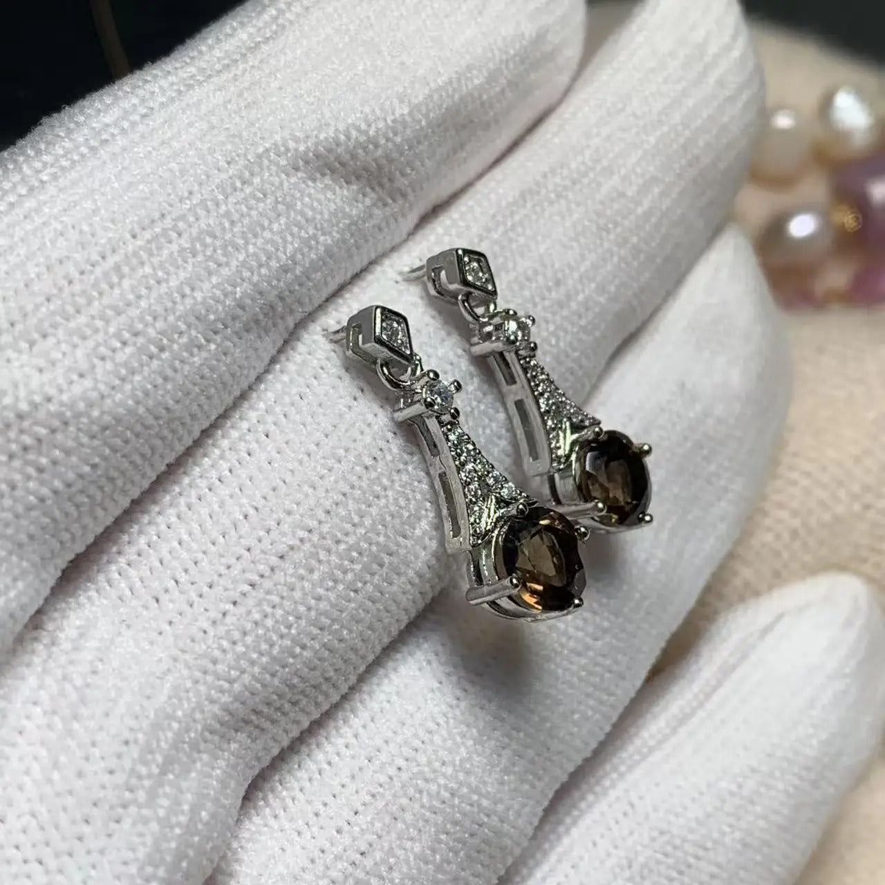 Natural Smoky Quartz Stud Earrings 925 Sterling Silver Women