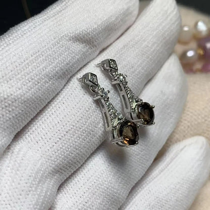 Natural Smoky Quartz Stud Earrings 925 Sterling Silver Women