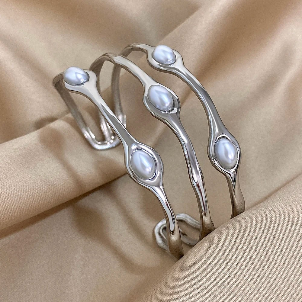 Vintage Layered Pearl Bangles Gold Plated Stainless Steel Cuff